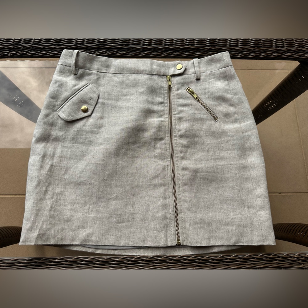 J. Crew Motorcycle Style 100% Linen Mini Skirt with Gold Accents (Size 6) - Picture 2 of 7